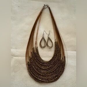 Copper Colored Beaded Vintage Multi-Strand Necklace and Earring Set